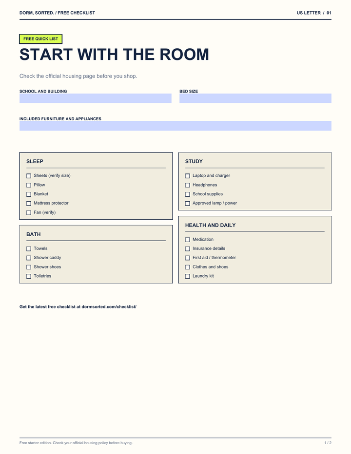 Page 1 of the free checklist, with fillable room details and checklists for sleep, bath, study, health, and daily items