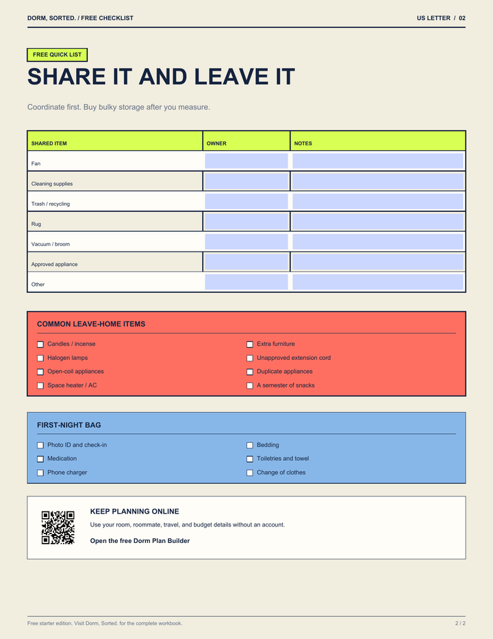 Page 2 of the free checklist, with a roommate ownership table, leave-home checks, a first-night bag list, and Dorm Plan Builder QR code