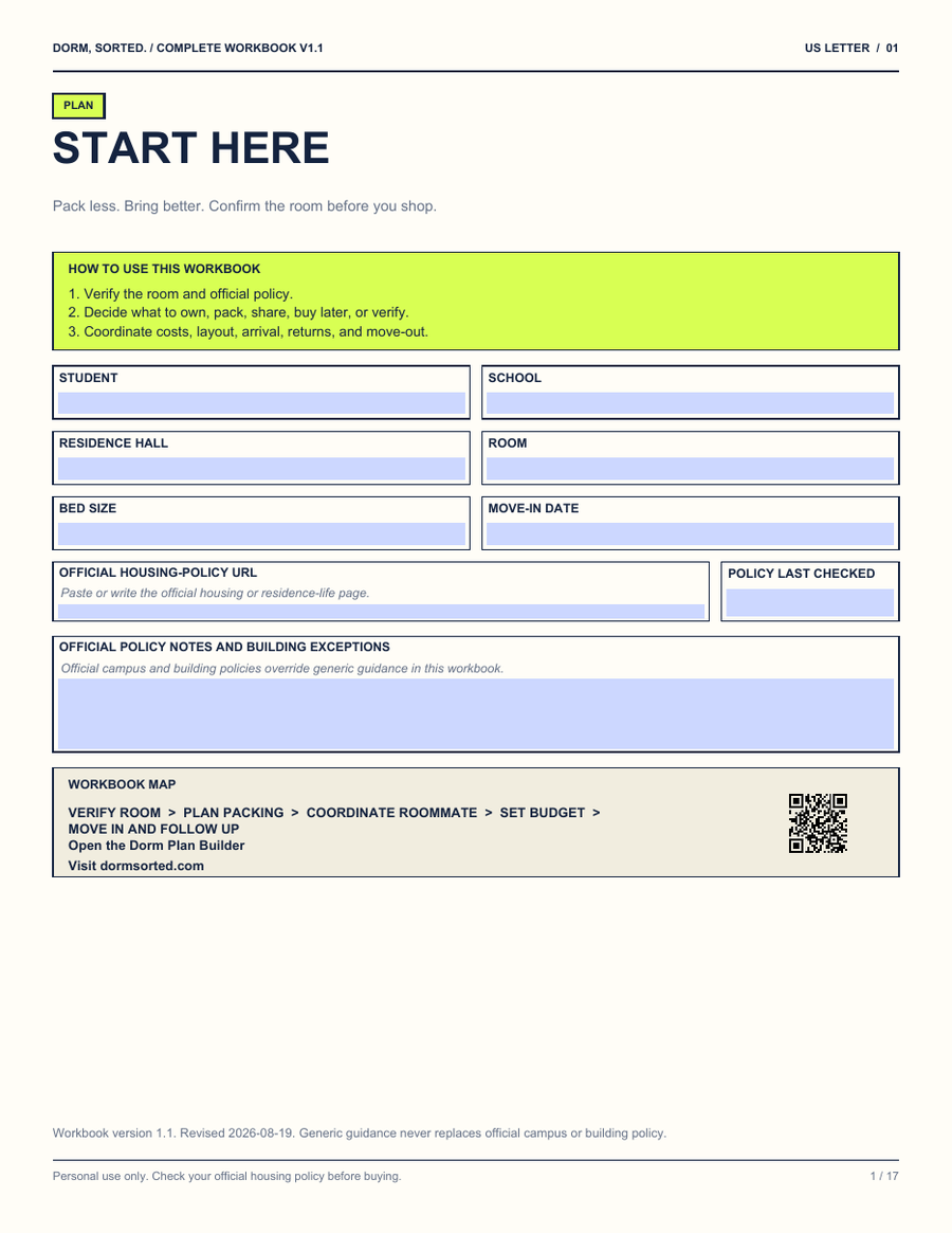 Real sample of workbook page 1 with room facts, official housing-policy fields, and a three-step planning map.